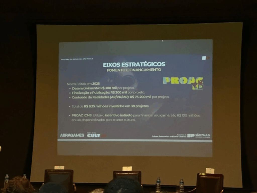 Slide com os valores principais do plano estratégico para fomento da indústria de jogos no estado de SP
